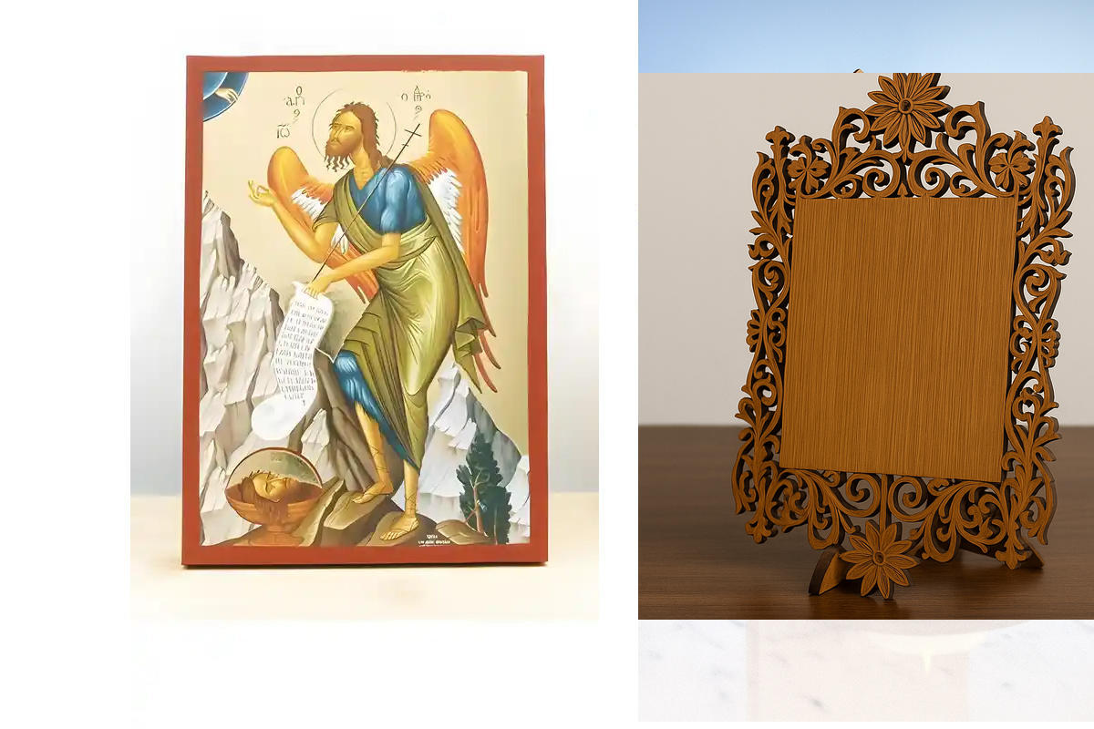 Εικόνα Ορθοδοξίας Δαντέλα μαζι με  Βάση σε  8 χρώματα με περίγραμμα χρυσό σε ξύλο Plywood (Πλακάζ)   με  βάση Άγιος Ιωάννης ο Βαπτιστής Άγγελος της Ερήμου, Ξύλινη Χειροποίητη Εικόνα με Ψηφιακή Εκτύπωση Ελληνικό Premium Βυζαντινού Στυλ Κρεμαστό στον τοίχο