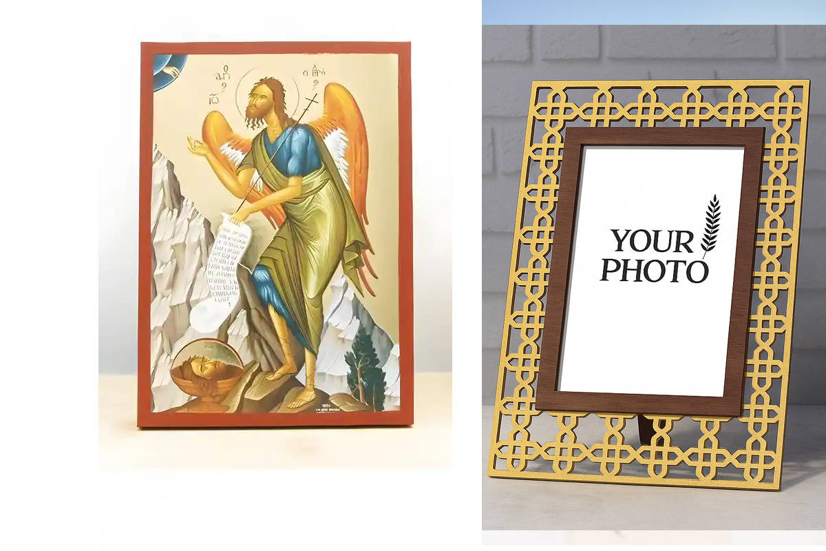 Εικόνα Ορθοδοξίας Πολυτελείας  με  σχεδιο Σταυρούς μαζι με  Βάση σε  8 χρώματα με περίγραμμα χρυσό σε ξύλο Plywood (Πλακάζ)   με  βάση Άγιος Ιωάννης ο Βαπτιστής Άγγελος της Ερήμου, Ξύλινη Χειροποίητη Εικόνα με Ψηφιακή Εκτύπωση Ελληνικό Premium Βυζαντινού