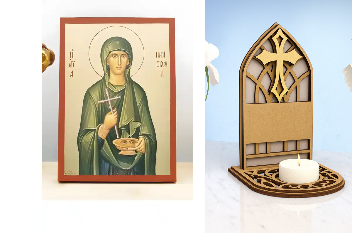 Εικόνα Ορθοδοξίας Καντηλάκι σε  8 χρώματα με περίγραμμα χρυσό σε ξύλο Plywood (Πλακάζ)   με  βάση Αγία Παρασκευή Ρώμης, Ξύλινη Χειροποίητη Εικόνα με χρυσό φύλλο Ελληνικό Premium Βυζαντινού Στυλ Κρεμαστό τοίχου Θρησκευτικό Θέμα Χειροποίητη Ελληνορθόδοξη ει