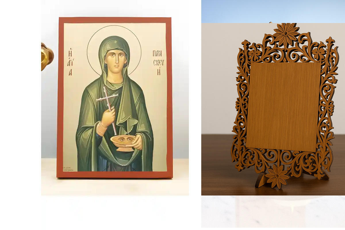 Σετ 2 τεμαχίων – Εικόνα Ορθοδοξίας Δαντέλα μαζι με  Βάση σε  8 χρώματα με περίγραμμα χρυσό σε ξύλο Plywood (Πλακάζ)   με  βάση Αγία Παρασκευή Ρώμης, Ξύλινη Χειροποίητη Εικόνα με χρυσό φύλλο Ελληνικό Premium Βυζαντινού Στυλ Κρεμαστό τοίχου Θρησκευτικό Θέμα