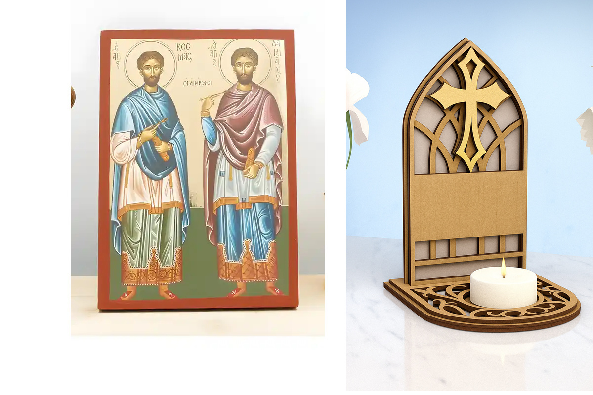 Εικόνα Ορθοδοξίας Καντηλάκι σε  8 χρώματα με περίγραμμα χρυσό σε ξύλο Plywood (Πλακάζ)   με  βάση Άγιοι Άγιοι Ανεργοφόροι Κοσμάς και Δαμιανός, Ξύλινη Χειροποίητη Εικόνα με Φύλλο Χρυσού Ελληνικού Premium Βυζαντινού Στυλ Κρεμαστό τοίχου Θρησκευτικό Θέμα Χει