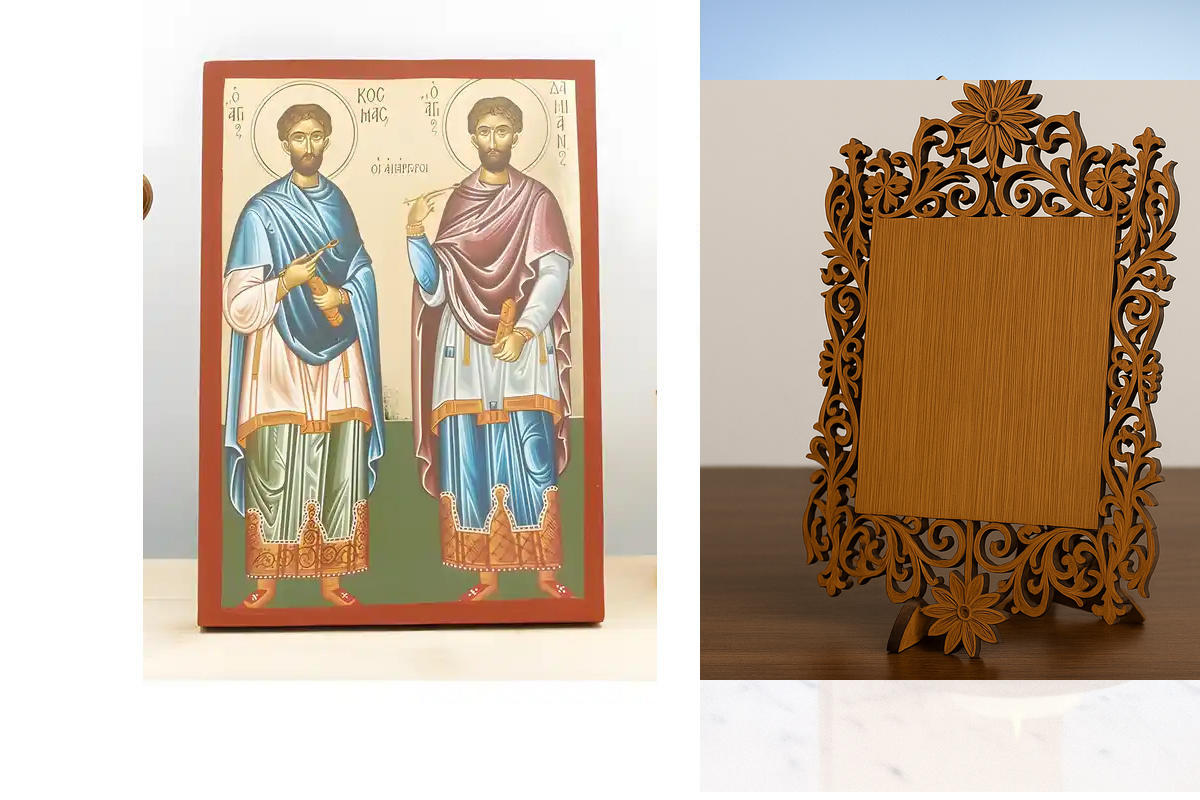 Σετ 2 τεμαχίων – Εικόνα Ορθοδοξίας Δαντέλα μαζι με  Βάση σε  8 χρώματα με περίγραμμα χρυσό σε ξύλο Plywood (Πλακάζ)   με  βάση Άγιοι Άγιοι Ανεργοφόροι Κοσμάς και Δαμιανός, Ξύλινη Χειροποίητη Εικόνα με Φύλλο Χρυσού Ελληνικού Premium Βυζαντινού Στυλ Κρεμαστ