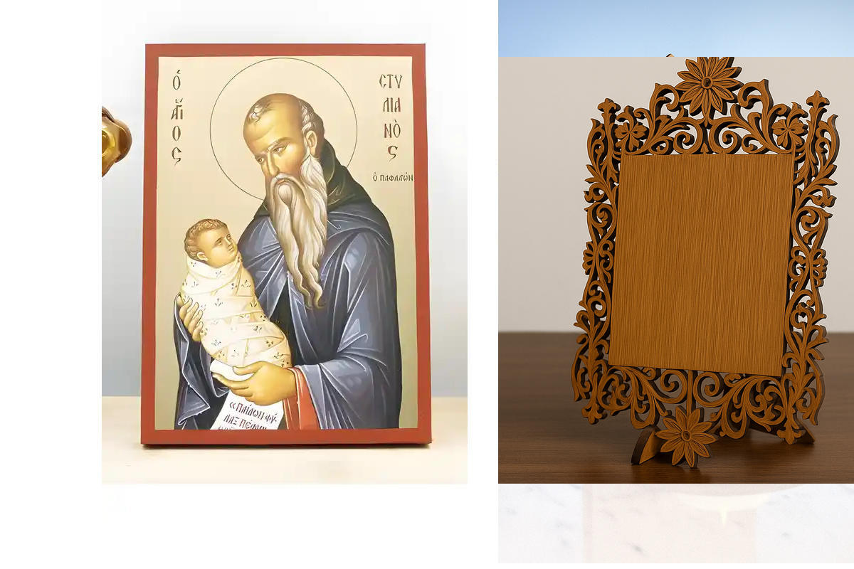 Σετ 2 τεμαχίων – Εικόνα Ορθοδοξίας Δαντέλα μαζι με  Βάση σε  8 χρώματα με περίγραμμα χρυσό σε ξύλο Plywood (Πλακάζ)   με  βάση Άγιος Στυλιανός Παφλαγονίας, Ξύλινη Χειροποίητη Εικόνα με Ψηφιακή Εκτύπωση Ελληνικό Premium Βυζαντινού Στυλ Κρεμαστό τοίχου Θρησ