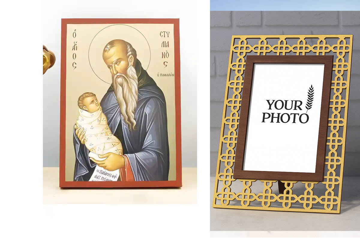 Εικόνα Ορθοδοξίας Πολυτελείας  με  σχεδιο Σταυρούς μαζι με  Βάση σε  8 χρώματα με περίγραμμα χρυσό σε ξύλο Plywood (Πλακάζ)   με  βάση Άγιος Στυλιανός Παφλαγονίας, Ξύλινη Χειροποίητη Εικόνα με Ψηφιακή Εκτύπωση Ελληνικό Premium Βυζαντινού Στυλ Κρεμαστό τοί