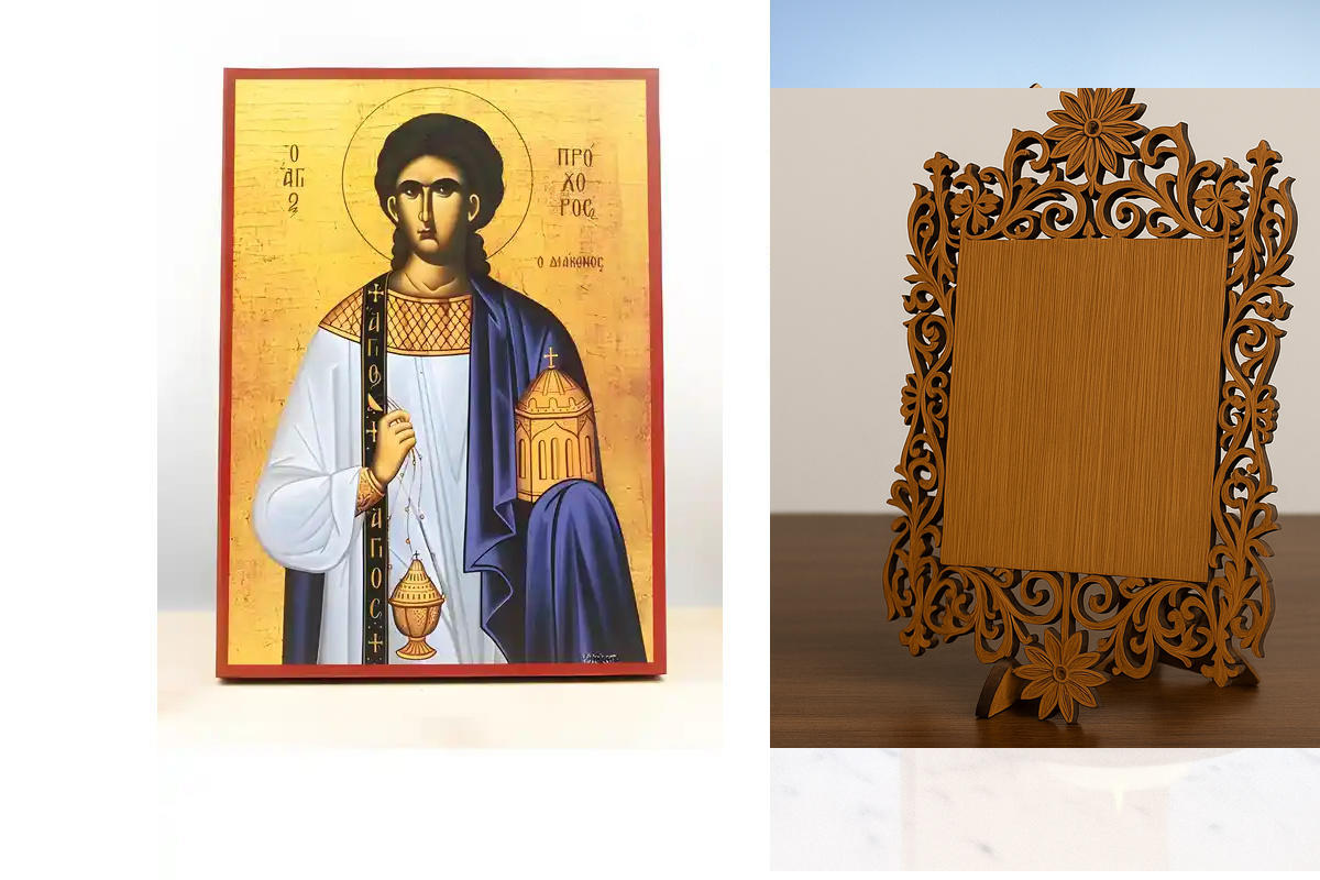 Σετ 2 τεμαχίων – Εικόνα Ορθοδοξίας Δαντέλα μαζι με  Βάση σε  8 χρώματα με περίγραμμα χρυσό σε ξύλο Plywood (Πλακάζ)   με  βάση Άγιος Απόστολος Πρόχορος, Ξύλινη Χειροποίητη Εικόνα Ελληνικού Premium Βυζαντινού Στυλ Κρεμαστή σε ξύλινη πλάκα Θρησκευτικό θέμα