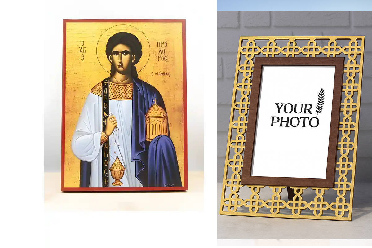 Εικόνα Ορθοδοξίας Πολυτελείας  με  σχεδιο Σταυρούς μαζι με  Βάση σε  8 χρώματα με περίγραμμα χρυσό σε ξύλο Plywood (Πλακάζ)   με  βάση Άγιος Απόστολος Πρόχορος, Ξύλινη Χειροποίητη Εικόνα Ελληνικού Premium Βυζαντινού Στυλ Κρεμαστή σε ξύλινη πλάκα Θρησκευτι