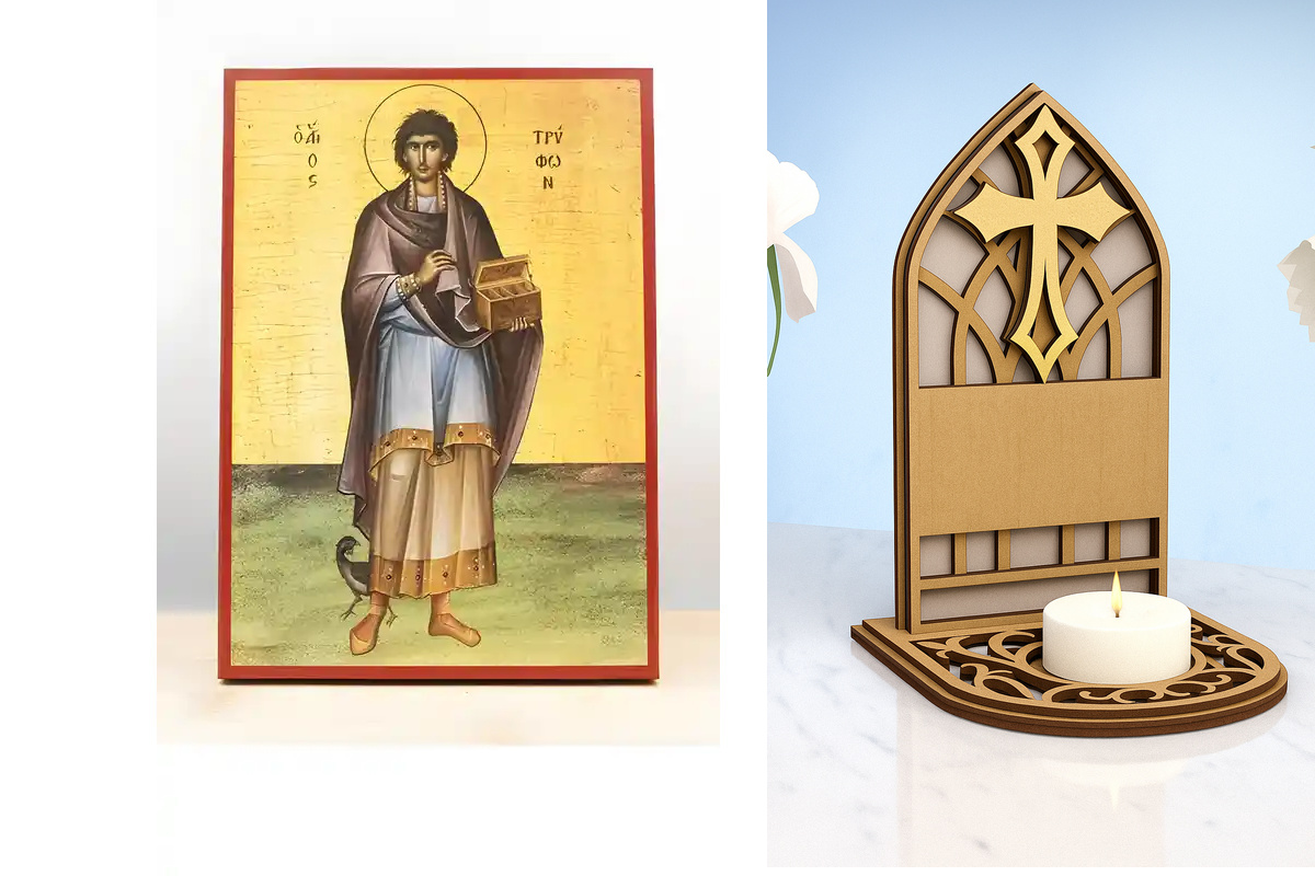 Εικόνα Ορθοδοξίας Καντηλάκι σε  8 χρώματα με περίγραμμα χρυσό σε ξύλο Plywood (Πλακάζ)   με  βάση Άγιος Τρύφωνας της Καμπσάδας, Ξύλινη Χειροποίητη Εικόνα Ελληνικού Premium Βυζαντινού Στυλ Κρεμασμένη σε ξύλινη πλάκα Χειροποίητη Ελληνορθόδοξη εικόνα του Ιησ