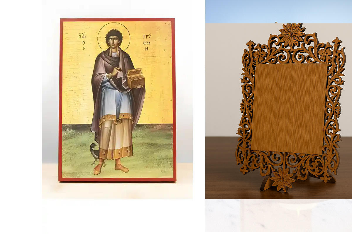 Σετ 2 τεμαχίων – Εικόνα Ορθοδοξίας Δαντέλα μαζι με  Βάση σε  8 χρώματα με περίγραμμα χρυσό σε ξύλο Plywood (Πλακάζ)   με  βάση Άγιος Τρύφωνας της Καμπσάδας, Ξύλινη Χειροποίητη Εικόνα Ελληνικού Premium Βυζαντινού Στυλ Κρεμασμένη σε ξύλινη πλάκα Χειροποίητη