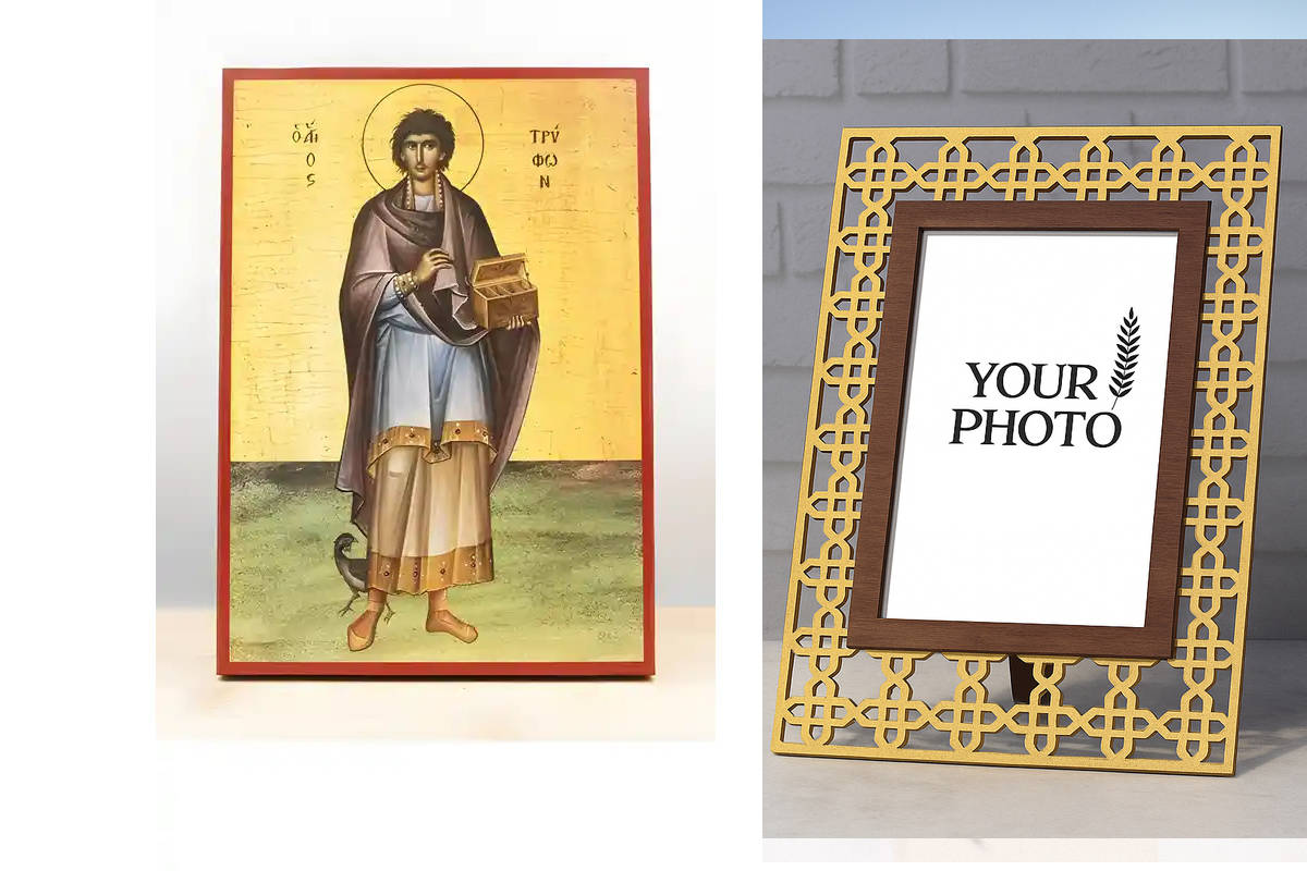 Εικόνα Ορθοδοξίας Πολυτελείας  με  σχεδιο Σταυρούς μαζι με  Βάση σε  8 χρώματα με περίγραμμα χρυσό σε ξύλο Plywood (Πλακάζ)   με  βάση Άγιος Τρύφωνας της Καμπσάδας, Ξύλινη Χειροποίητη Εικόνα Ελληνικού Premium Βυζαντινού Στυλ Κρεμασμένη σε ξύλινη πλάκα Χει