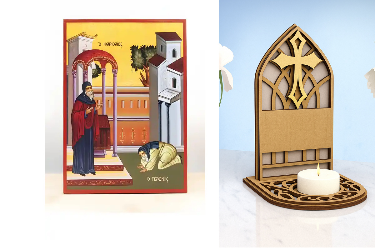 Εικόνα Ορθοδοξίας Καντηλάκι σε  8 χρώματα με περίγραμμα χρυσό σε ξύλο Plywood (Πλακάζ)   με  βάση Κυριακή του Τελώνη και του Φαρισαίου, Ξύλινη Χειροποίητη Εικόνα Ελληνικού Βυζαντινού Στυλ Κρεμασμένη σε ξύλινη πλάκα Χειροποίητη Ελληνορθόδοξη εικόνα του Ιησ