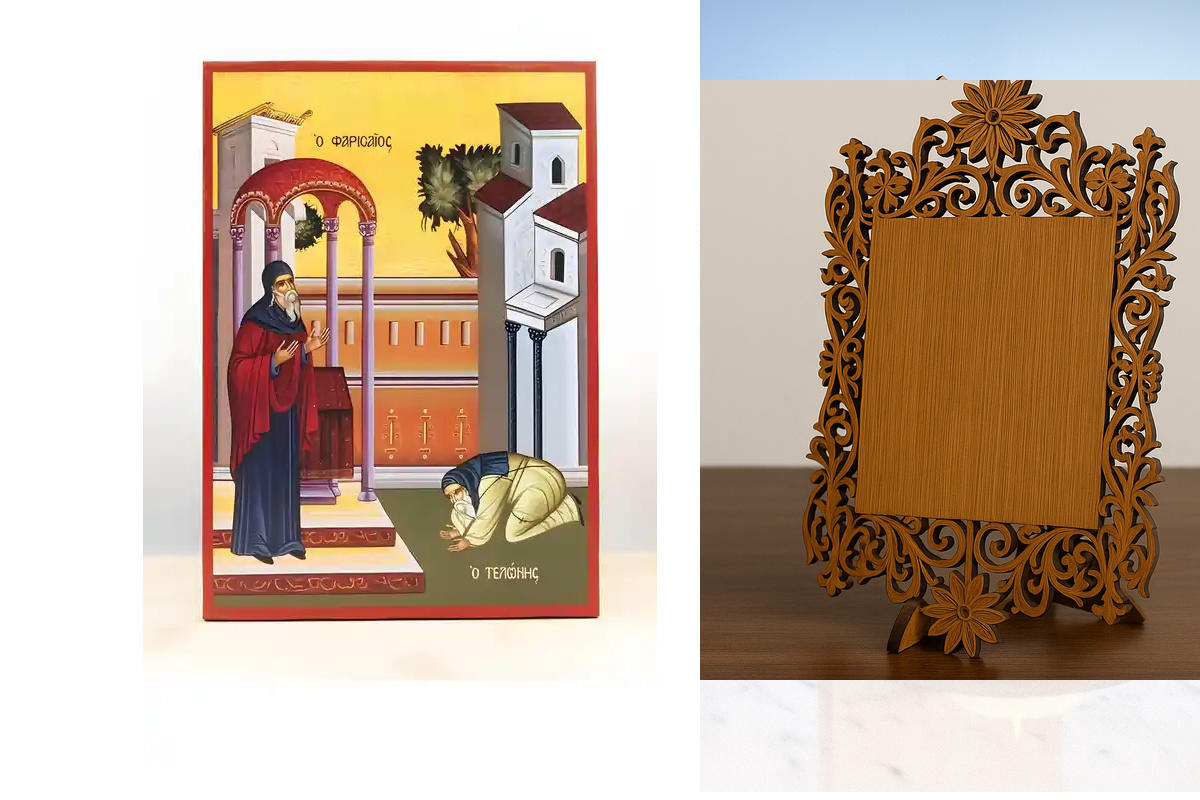 Εικόνα Ορθοδοξίας Δαντέλα μαζι με  Βάση σε  8 χρώματα με περίγραμμα χρυσό σε ξύλο Plywood (Πλακάζ)   με  βάση Κυριακή του Τελώνη και του Φαρισαίου, Ξύλινη Χειροποίητη Εικόνα Ελληνικού Βυζαντινού Στυλ Κρεμασμένη σε ξύλινη πλάκα Χειροποίητη Ελληνορθόδοξη ει