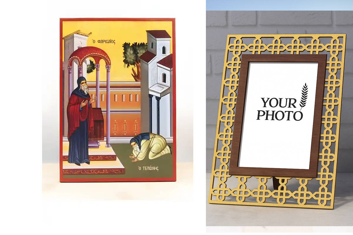 Εικόνα Ορθοδοξίας Πολυτελείας  με  σχεδιο Σταυρούς μαζι με  Βάση σε  8 χρώματα με περίγραμμα χρυσό σε ξύλο Plywood (Πλακάζ)   με  βάση Κυριακή του Τελώνη και του Φαρισαίου, Ξύλινη Χειροποίητη Εικόνα Ελληνικού Βυζαντινού Στυλ Κρεμασμένη σε ξύλινη πλάκα Χει