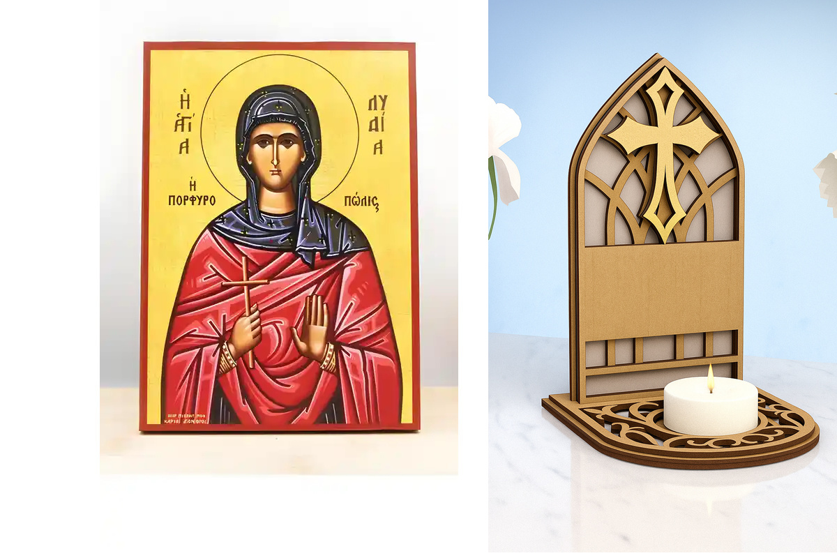Εικόνα Ορθοδοξίας Καντηλάκι σε  8 χρώματα με περίγραμμα χρυσό σε ξύλο Plywood (Πλακάζ)   με  βάση Αγία Λυδία Φιλίππων, Ξύλινη Χειροποίητη Εικόνα Ελληνικού Βυζαντινού Στυλ Κρεμαστή σε ξύλινη πλάκα Χειροποίητη Ελληνορθόδοξη εικόνα του Ιησού Χριστού, Κρεμαστ