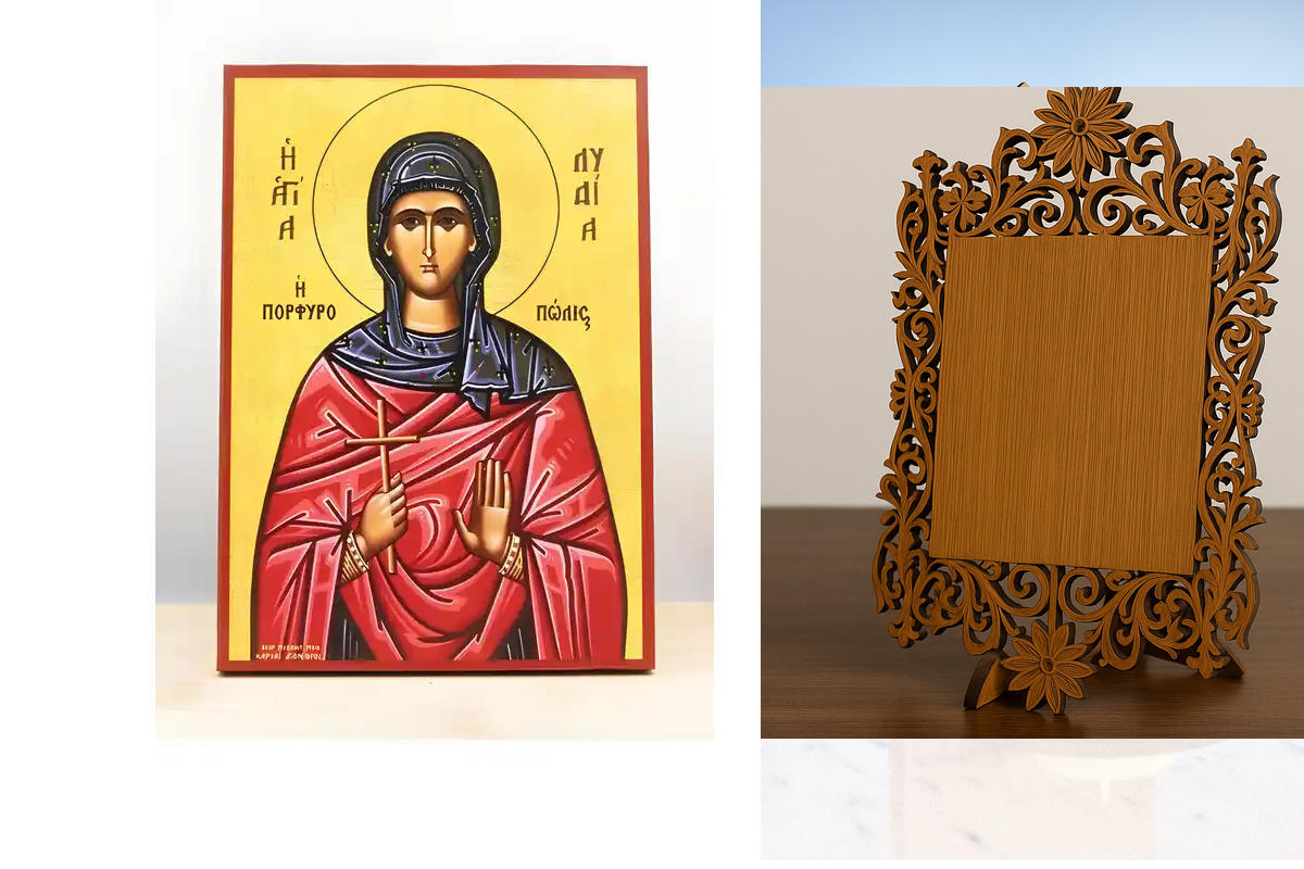 Εικόνα Ορθοδοξίας Δαντέλα μαζι με  Βάση σε  8 χρώματα με περίγραμμα χρυσό σε ξύλο Plywood (Πλακάζ)   με  βάση Αγία Λυδία Φιλίππων, Ξύλινη Χειροποίητη Εικόνα Ελληνικού Βυζαντινού Στυλ Κρεμαστή σε ξύλινη πλάκα Χειροποίητη Ελληνορθόδοξη εικόνα του Ιησού Χρισ