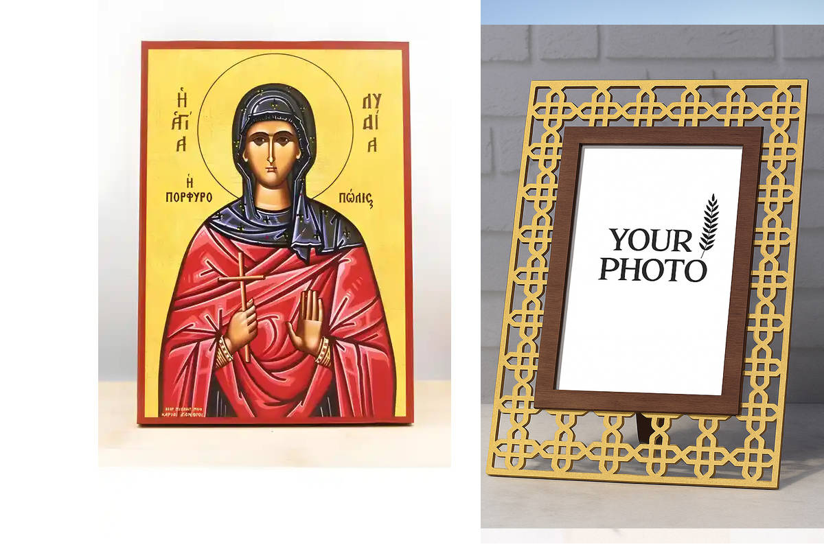 Εικόνα Ορθοδοξίας Πολυτελείας  με  σχεδιο Σταυρούς μαζι με  Βάση σε  8 χρώματα με περίγραμμα χρυσό σε ξύλο Plywood (Πλακάζ)   με  βάση Αγία Λυδία Φιλίππων, Ξύλινη Χειροποίητη Εικόνα Ελληνικού Βυζαντινού Στυλ Κρεμαστή σε ξύλινη πλάκα Χειροποίητη Ελληνορθόδ