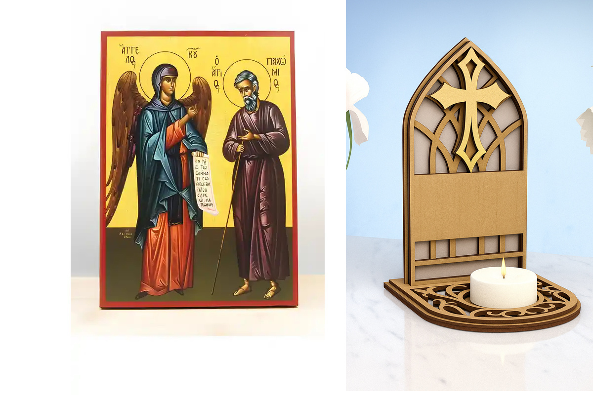 Εικόνα Ορθοδοξίας Καντηλάκι σε  8 χρώματα με περίγραμμα χρυσό σε ξύλο Plywood (Πλακάζ)   με  βάση Άγιος Παχώμιος ο Μέγας με Άγγελο, Ξύλινη Χειροποίητη Εικόνα Ελληνικού Premium Βυζαντινού Στυλ Κρεμασμένο σε ξύλινη πλάκα Θρησκευτικό θέμα Χειροποίητη Ελληνορ