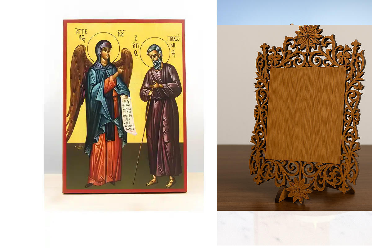 Σετ 2 τεμαχίων – Εικόνα Ορθοδοξίας Δαντέλα μαζι με  Βάση σε  8 χρώματα με περίγραμμα χρυσό σε ξύλο Plywood (Πλακάζ)   με  βάση Άγιος Παχώμιος ο Μέγας με Άγγελο, Ξύλινη Χειροποίητη Εικόνα Ελληνικού Premium Βυζαντινού Στυλ Κρεμασμένο σε ξύλινη πλάκα Θρησκευ