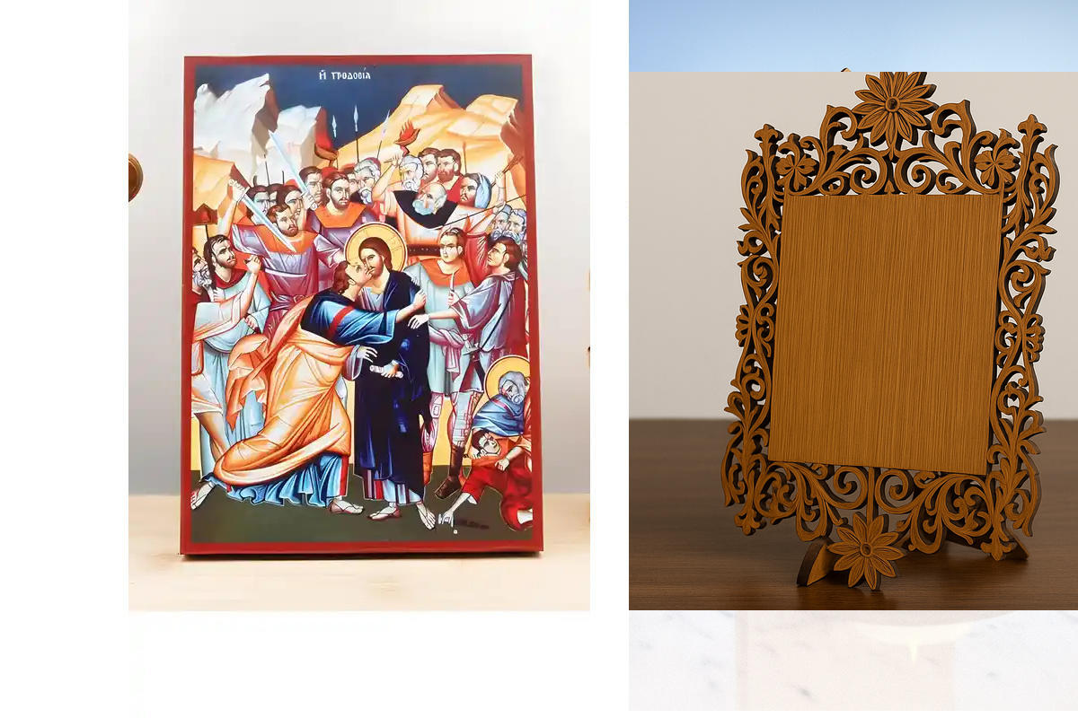 Σετ 2 τεμαχίων – Εικόνα Ορθοδοξίας Δαντέλα μαζι με  Βάση σε  8 χρώματα με περίγραμμα χρυσό σε ξύλο Plywood (Πλακάζ)   με  βάση Η Προδοσία του Ιησού Χριστού με τους Αποστόλους, Ξύλινη Χειροποίητη Εικόνα Ελληνικού Premium Βυζαντινού Στυλ Κρεμασμένο σε ξύλιν