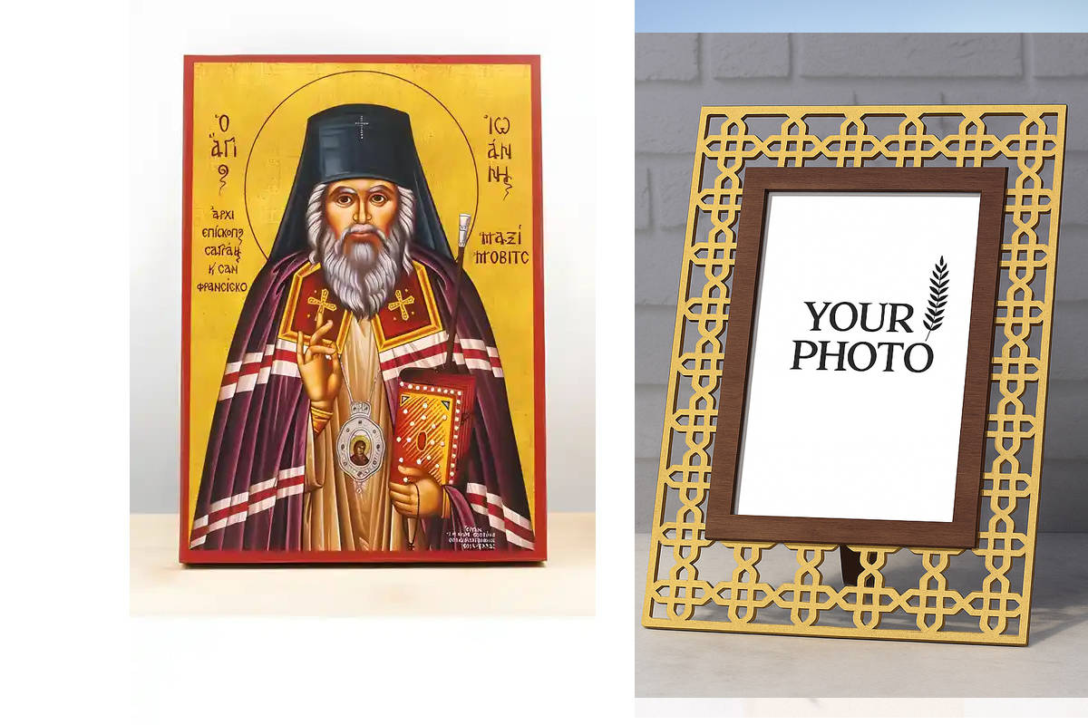 Εικόνα Ορθοδοξίας Πολυτελείας  με  σχεδιο Σταυρούς μαζι με  Βάση σε  8 χρώματα με περίγραμμα χρυσό σε ξύλο Plywood (Πλακάζ)   με  βάση Άγιος Ιωάννης Μαξίμοβιτς ο Θαυματουργός, Ξύλινη Χειροποίητη Εικόνα Ελληνικού Premium Βυζαντινού Στυλ Κρεμασμένο σε ξύλιν