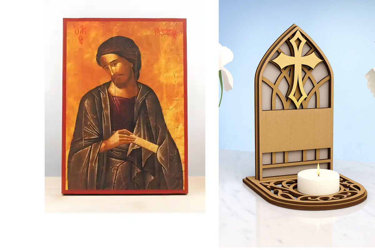 Εικόνα Ορθοδοξίας Καντηλάκι σε  8 χρώματα με περίγραμμα χρυσό σε ξύλο Plywood (Πλακάζ)   με  βάση Άγιος Ιάκωβος αδερφός του Ιησού, Ξύλινη Χειροποίητη Εικόνα Ελληνικού Premium Βυζαντινού Στυλ Κρεμασμένο σε ξύλινη πλάκα Θρησκευτικό θέμα Χειροποίητη Ελληνορθ
