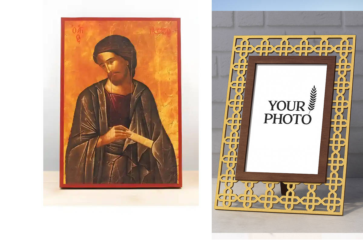 Εικόνα Ορθοδοξίας Πολυτελείας  με  σχεδιο Σταυρούς μαζι με  Βάση σε  8 χρώματα με περίγραμμα χρυσό σε ξύλο Plywood (Πλακάζ)   με  βάση Άγιος Ιάκωβος αδερφός του Ιησού, Ξύλινη Χειροποίητη Εικόνα Ελληνικού Premium Βυζαντινού Στυλ Κρεμασμένο σε ξύλινη πλάκα