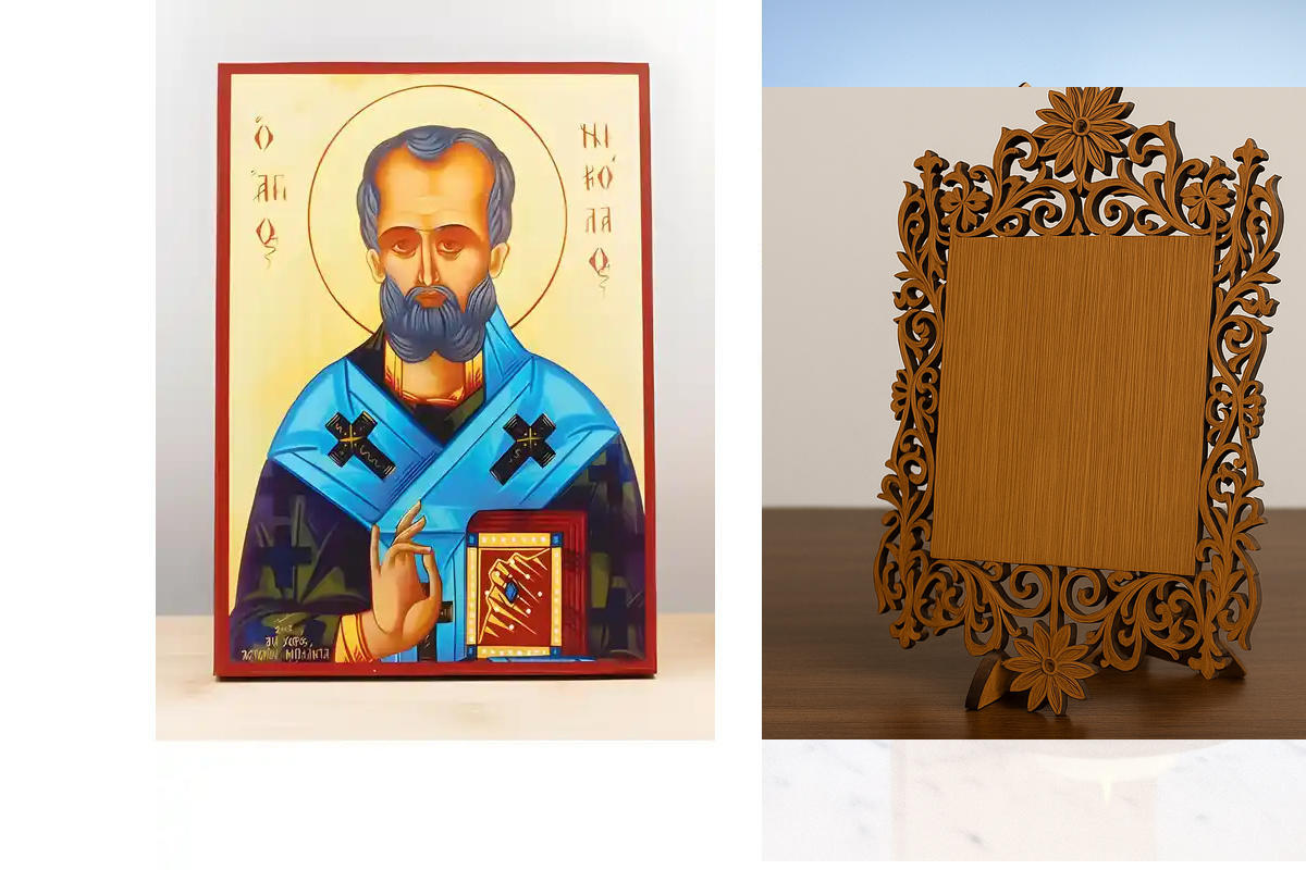 Σετ 2 τεμαχίων – Εικόνα Ορθοδοξίας Δαντέλα μαζι με  Βάση σε  8 χρώματα με περίγραμμα χρυσό σε ξύλο Plywood (Πλακάζ)   με  βάση Άγιος Νικόλαος των Μύρων, Ξύλινη Χειροποίητη Εικόνα Ελληνικού Premium Βυζαντινού Στυλ τοίχου Κρεμασμένη σε ξύλινη πλάκα Θρησκευτ