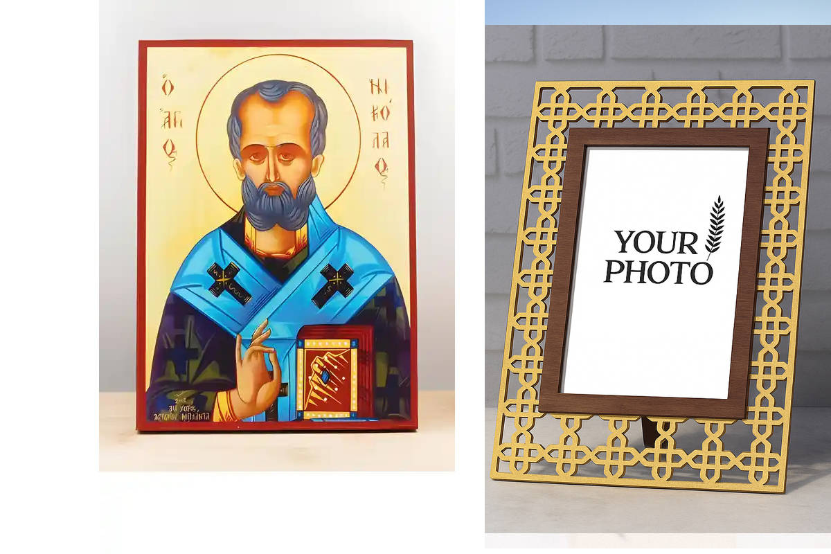 Εικόνα Ορθοδοξίας Πολυτελείας  με  σχεδιο Σταυρούς μαζι με  Βάση σε  8 χρώματα με περίγραμμα χρυσό σε ξύλο Plywood (Πλακάζ)   με  βάση Άγιος Νικόλαος των Μύρων, Ξύλινη Χειροποίητη Εικόνα Ελληνικού Premium Βυζαντινού Στυλ τοίχου Κρεμασμένη σε ξύλινη πλάκα