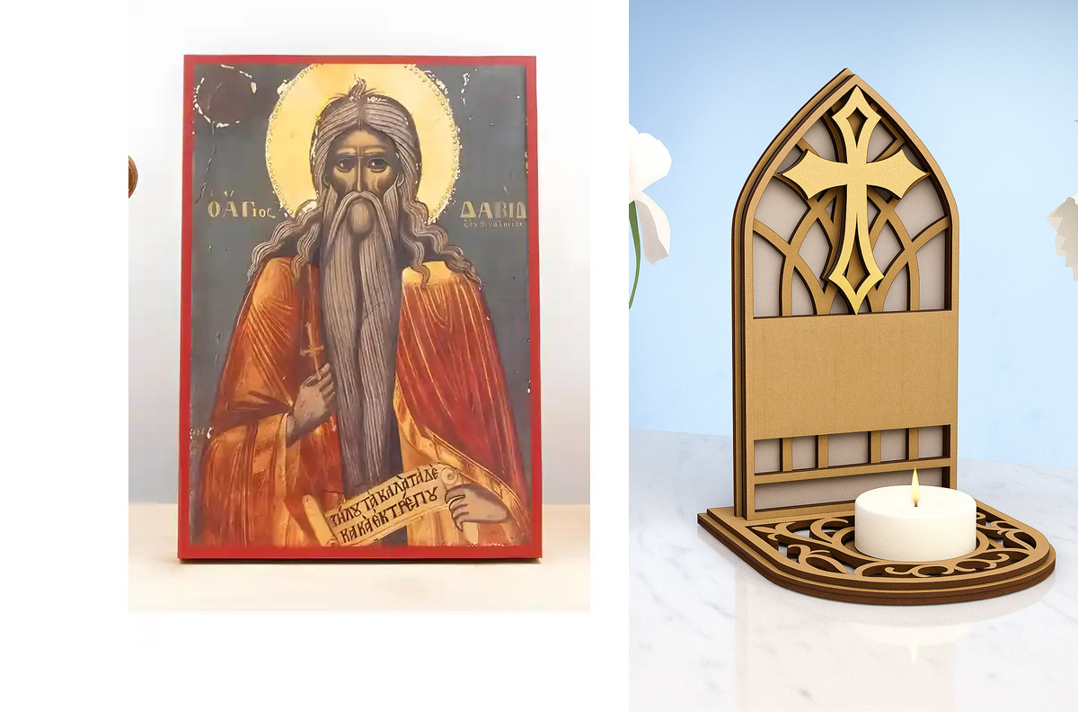 Εικόνα Ορθοδοξίας Καντηλάκι σε  8 χρώματα με περίγραμμα χρυσό σε ξύλο Plywood (Πλακάζ)   με  βάση Άγιος Δαυίδ της Θεσσαλονίκης, Ξύλινη Χειροποίητη Εικόνα Ελληνικού Premium Βυζαντινού Στυλ Κρεμαστή σε ξύλινη πλάκα Θρησκευτικό θέμα Χειροποίητη Ελληνορθόδοξη
