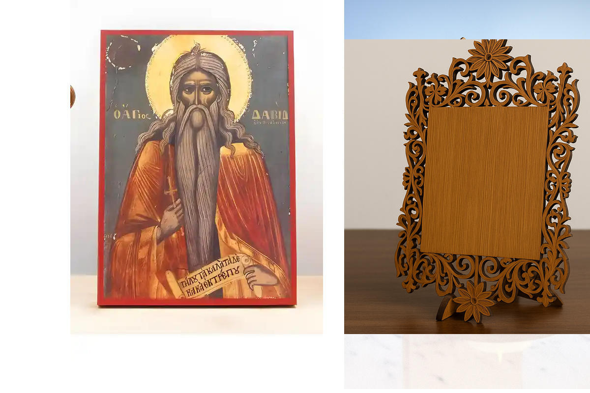 Σετ 2 τεμαχίων – Εικόνα Ορθοδοξίας Δαντέλα μαζι με  Βάση σε  8 χρώματα με περίγραμμα χρυσό σε ξύλο Plywood (Πλακάζ)   με  βάση Άγιος Δαυίδ της Θεσσαλονίκης, Ξύλινη Χειροποίητη Εικόνα Ελληνικού Premium Βυζαντινού Στυλ Κρεμαστή σε ξύλινη πλάκα Θρησκευτικό θ