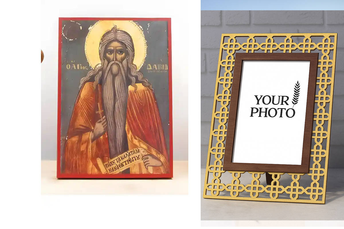 Εικόνα Ορθοδοξίας Πολυτελείας  με  σχεδιο Σταυρούς μαζι με  Βάση σε  8 χρώματα με περίγραμμα χρυσό σε ξύλο Plywood (Πλακάζ)   με  βάση Άγιος Δαυίδ της Θεσσαλονίκης, Ξύλινη Χειροποίητη Εικόνα Ελληνικού Premium Βυζαντινού Στυλ Κρεμαστή σε ξύλινη πλάκα Θρησκ