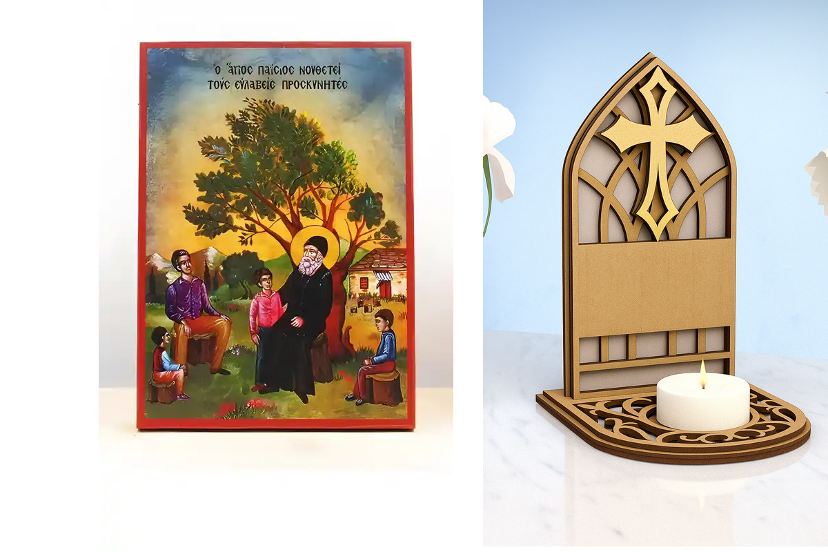 Εικόνα Ορθοδοξίας Καντηλάκι σε  8 χρώματα με περίγραμμα χρυσό σε ξύλο Plywood (Πλακάζ)   με  βάση Ο Άγιος Παΐσιος νουθετεί τους προσκυνητές, Ξύλινη Χειροποίητη Εικόνα Ελληνικής Premium Βυζαντινού Στυλ τοίχου Κρεμασμένη σε ξύλινη πλάκα Θρησκευτικό θέμα Χει