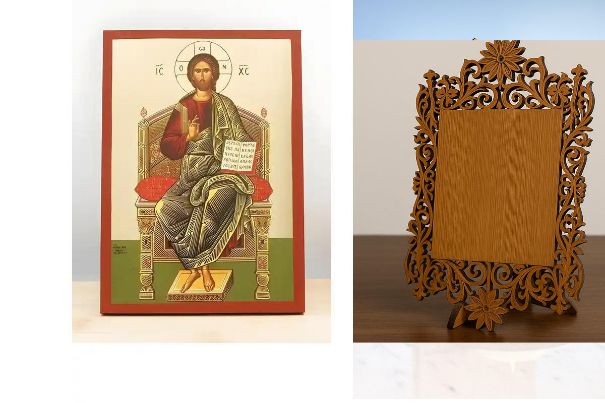 Σετ 2 τεμαχίων – Εικόνα Ορθοδοξίας Δαντέλα μαζι με  Βάση σε  8 χρώματα με περίγραμμα χρυσό σε ξύλο Plywood (Πλακάζ)   με  βάση Ένθρονος Ιησούς Χριστός, Ξύλινη Χειροποίητη Εικόνα με Φύλλο Χρυσού Τοίχου Ελληνικού Premium Βυζαντινού Στυλ Κρεμασμένο σε ξύλινη