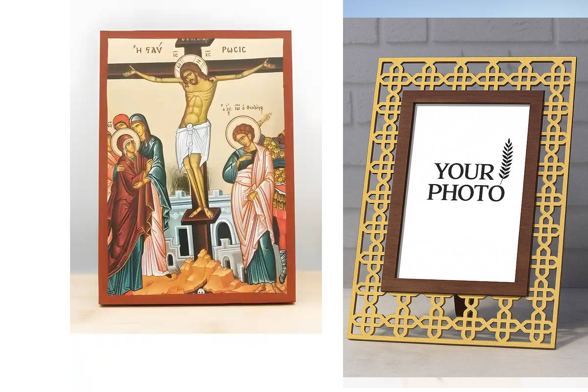 Εικόνα Ορθοδοξίας Πολυτελείας  με  σχεδιο Σταυρούς μαζι με  Βάση σε  8 χρώματα με περίγραμμα χρυσό σε ξύλο Plywood (Πλακάζ)   με  βάση Η Σταύρωση και ο Θάνατος του Ιησού Χριστού, Ξύλινη Χειροποίητη Εικόνα με χρυσό φύλλο Ελληνικού Βυζαντινού Στυλ Κρεμασμέν