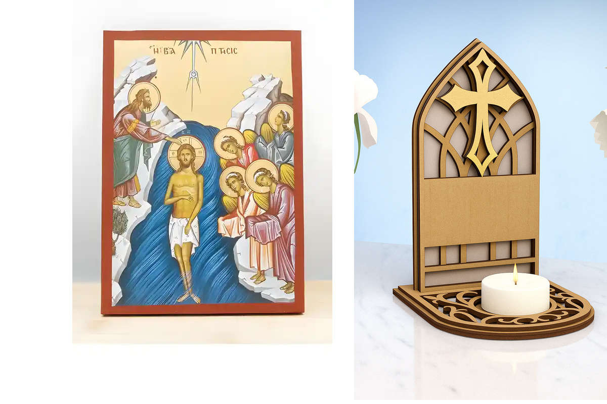 Εικόνα Ορθοδοξίας Καντηλάκι σε  8 χρώματα με περίγραμμα χρυσό σε ξύλο Plywood (Πλακάζ)   με  βάση Η Βάπτιση του Ιησού Χριστού, Ξύλινη Χειροποίητη Εικόνα με Αλουμινόχαρτο Ελληνικού Premium Βυζαντινού Στυλ Κρεμασμένο σε ξύλινη πλάκα Θρησκευτικό θέμα Χειροπο