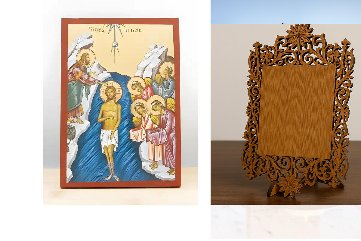 Σετ 2 τεμαχίων – Εικόνα Ορθοδοξίας Δαντέλα μαζι με  Βάση σε  8 χρώματα με περίγραμμα χρυσό σε ξύλο Plywood (Πλακάζ)   με  βάση Η Βάπτιση του Ιησού Χριστού, Ξύλινη Χειροποίητη Εικόνα με Αλουμινόχαρτο Ελληνικού Premium Βυζαντινού Στυλ Κρεμασμένο σε ξύλινη π