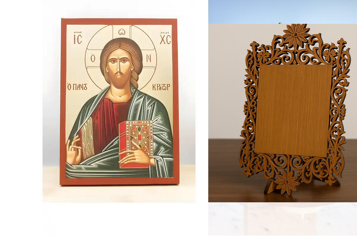Σετ 2 τεμαχίων – Εικόνα Ορθοδοξίας Δαντέλα μαζι με  Βάση σε  8 χρώματα με περίγραμμα χρυσό σε ξύλο Plywood (Πλακάζ)   με  βάση Ιησούς Χριστός Παντοκράτορας, Ξύλινη Χειροποίητη Εικόνα με Φύλλο χρυσού Ελληνικού Premium Βυζαντινού Στυλ Κρεμασμένος σε ξύλινη