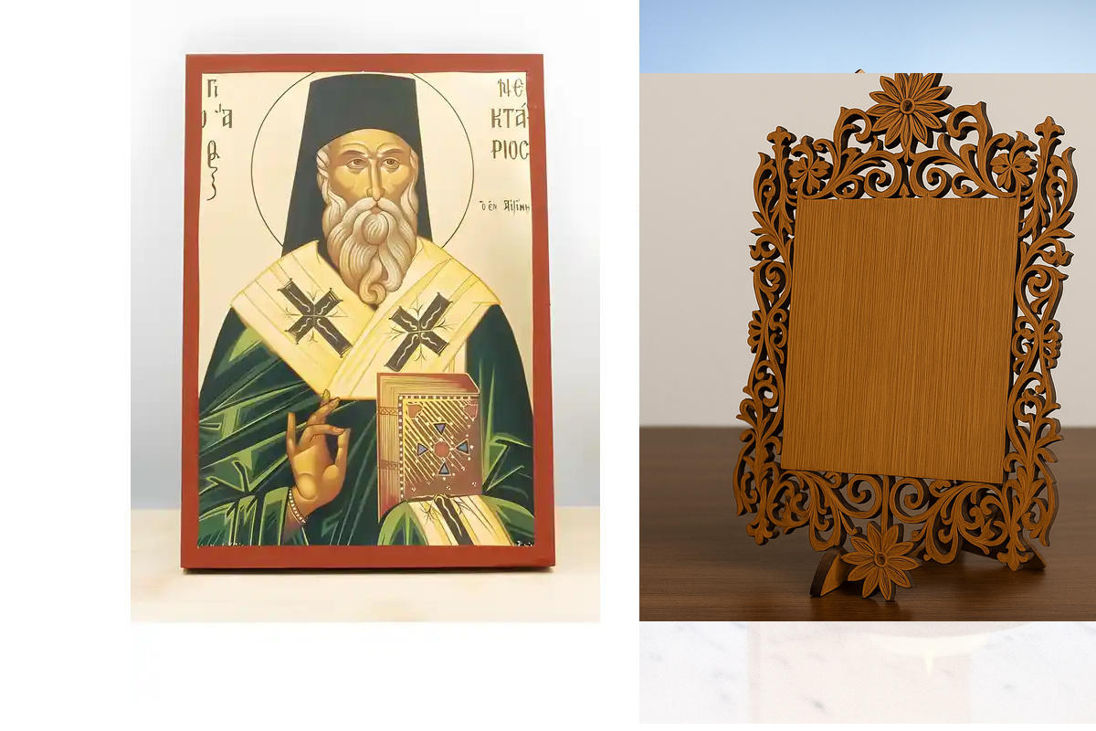 Σετ 2 τεμαχίων – Εικόνα Ορθοδοξίας Δαντέλα μαζι με  Βάση σε  8 χρώματα με περίγραμμα χρυσό σε ξύλο Plywood (Πλακάζ)   με  βάση Άγιος Νεκτάριος Αιγίνης Πράσινη, Ξύλινη Χειροποίητη Εικόνα με  ψηφιακή εκτύπωση Ελληνικό Premium Βυζαντινού Στυλ Επιτοίχιο Θρησκ