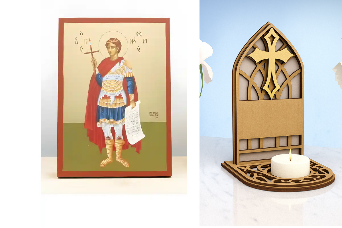 Εικόνα Ορθοδοξίας Καντηλάκι σε  8 χρώματα με περίγραμμα χρυσό σε ξύλο Plywood (Πλακάζ)   με  βάση Άγιος Φανούριος ο Νεοφανής Ολόσωμος, Ξύλινη Χειροποίητη Εικόνα με Φύλλο Χρυσού Ελληνικού Premium Βυζαντινού Στυλ Κρεμαστό τοίχου Θρησκευτικό Θέμα Χειροποίητη