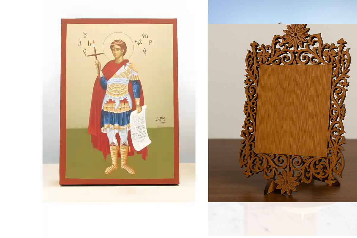 Σετ 2 τεμαχίων – Εικόνα Ορθοδοξίας Δαντέλα μαζι με  Βάση σε  8 χρώματα με περίγραμμα χρυσό σε ξύλο Plywood (Πλακάζ)   με  βάση Άγιος Φανούριος ο Νεοφανής Ολόσωμος, Ξύλινη Χειροποίητη Εικόνα με Φύλλο Χρυσού Ελληνικού Premium Βυζαντινού Στυλ Κρεμαστό τοίχου