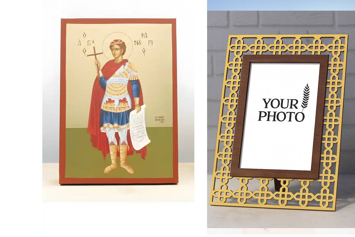 Εικόνα Ορθοδοξίας Πολυτελείας  με  σχεδιο Σταυρούς μαζι με  Βάση σε  8 χρώματα με περίγραμμα χρυσό σε ξύλο Plywood (Πλακάζ)   με  βάση Άγιος Φανούριος ο Νεοφανής Ολόσωμος, Ξύλινη Χειροποίητη Εικόνα με Φύλλο Χρυσού Ελληνικού Premium Βυζαντινού Στυλ Κρεμαστ