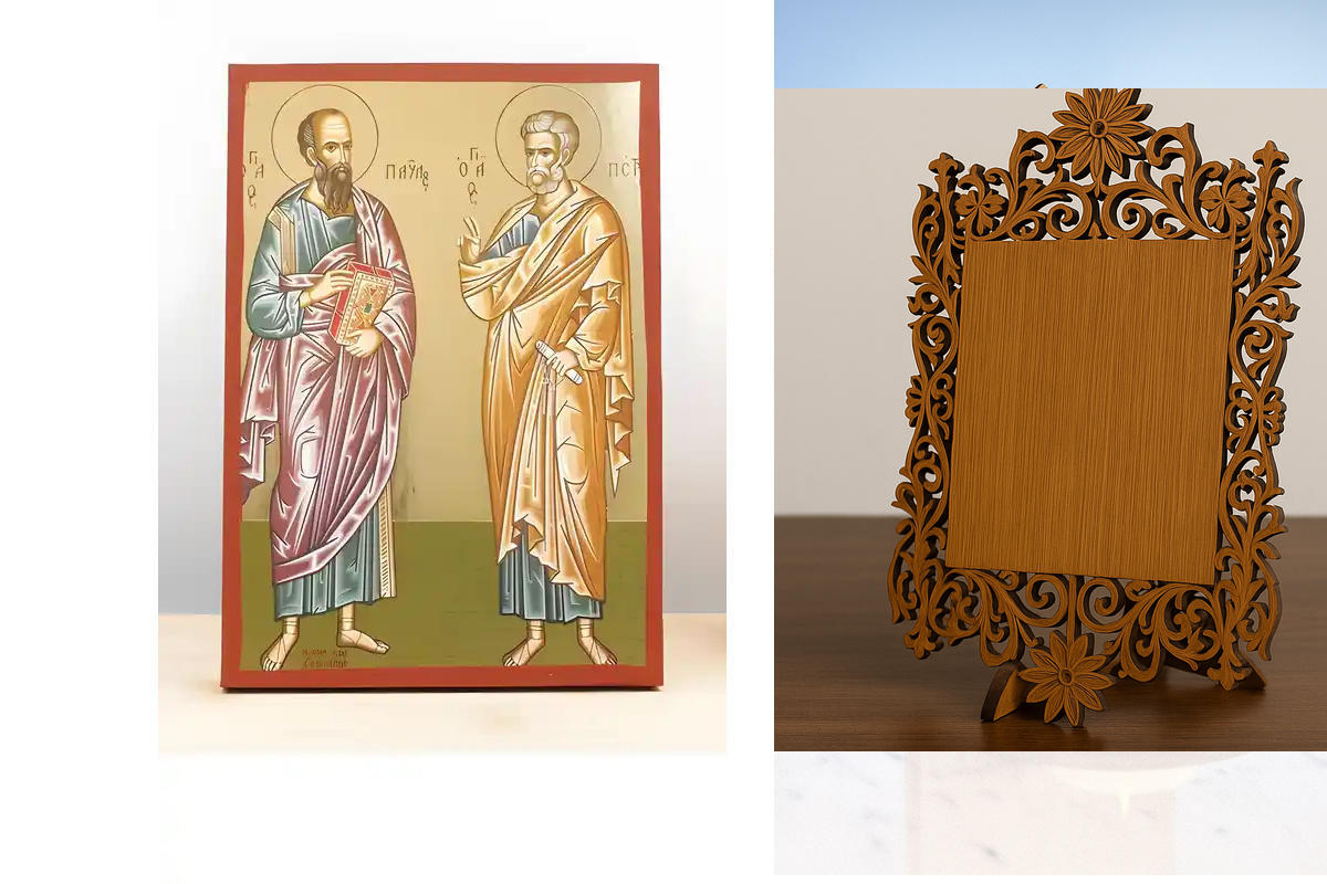 Σετ 2 τεμαχίων – Εικόνα Ορθοδοξίας Δαντέλα μαζι με  Βάση σε  8 χρώματα με περίγραμμα χρυσό σε ξύλο Plywood (Πλακάζ)   με  βάση Άγιοι Απόστολοι Παύλος και Πέτρος, Ξύλινη Χειροποίητη Εικόνα με Ψηφιακή Εκτύπωση Ελληνικό Premium Βυζαντινού Στυλ Κρεμαστό στον