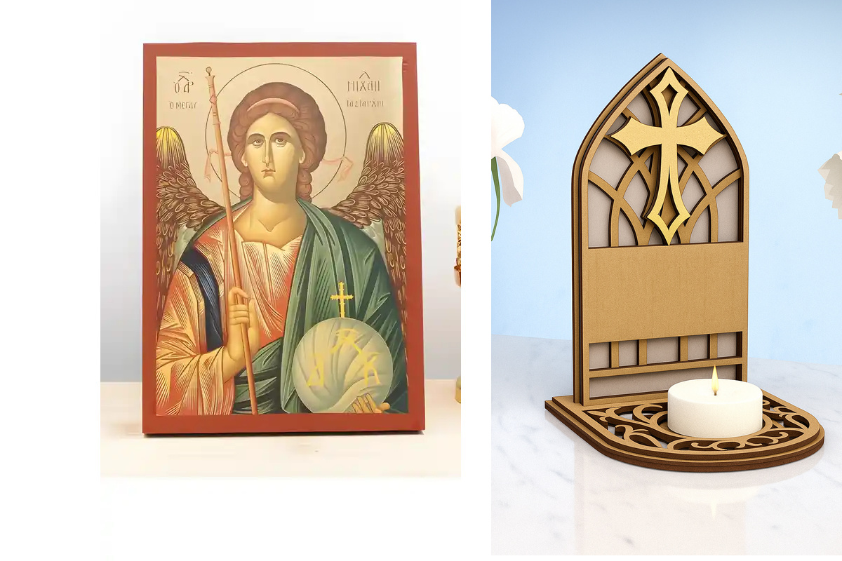 Εικόνα Ορθοδοξίας Καντηλάκι σε  8 χρώματα με περίγραμμα χρυσό σε ξύλο Plywood (Πλακάζ)   με  βάση Αρχάγγελος Μιχαήλ "Μέγας Ταξιάρξης", Ξύλινη Χειροποίητη Εικόνα με χρυσό φύλλο Ελληνικής Βυζαντινής τεχνοτροπίας Κρεμασμένη σε ξύλινη πλάκα Χειροποίητη Ελληνο