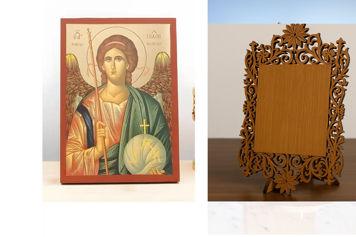 Εικόνα Ορθοδοξίας Δαντέλα μαζι με  Βάση σε  8 χρώματα με περίγραμμα χρυσό σε ξύλο Plywood (Πλακάζ)   με  βάση Αρχάγγελος Μιχαήλ "Μέγας Ταξιάρξης", Ξύλινη Χειροποίητη Εικόνα με χρυσό φύλλο Ελληνικής Βυζαντινής τεχνοτροπίας Κρεμασμένη σε ξύλινη πλάκα Χειροπ