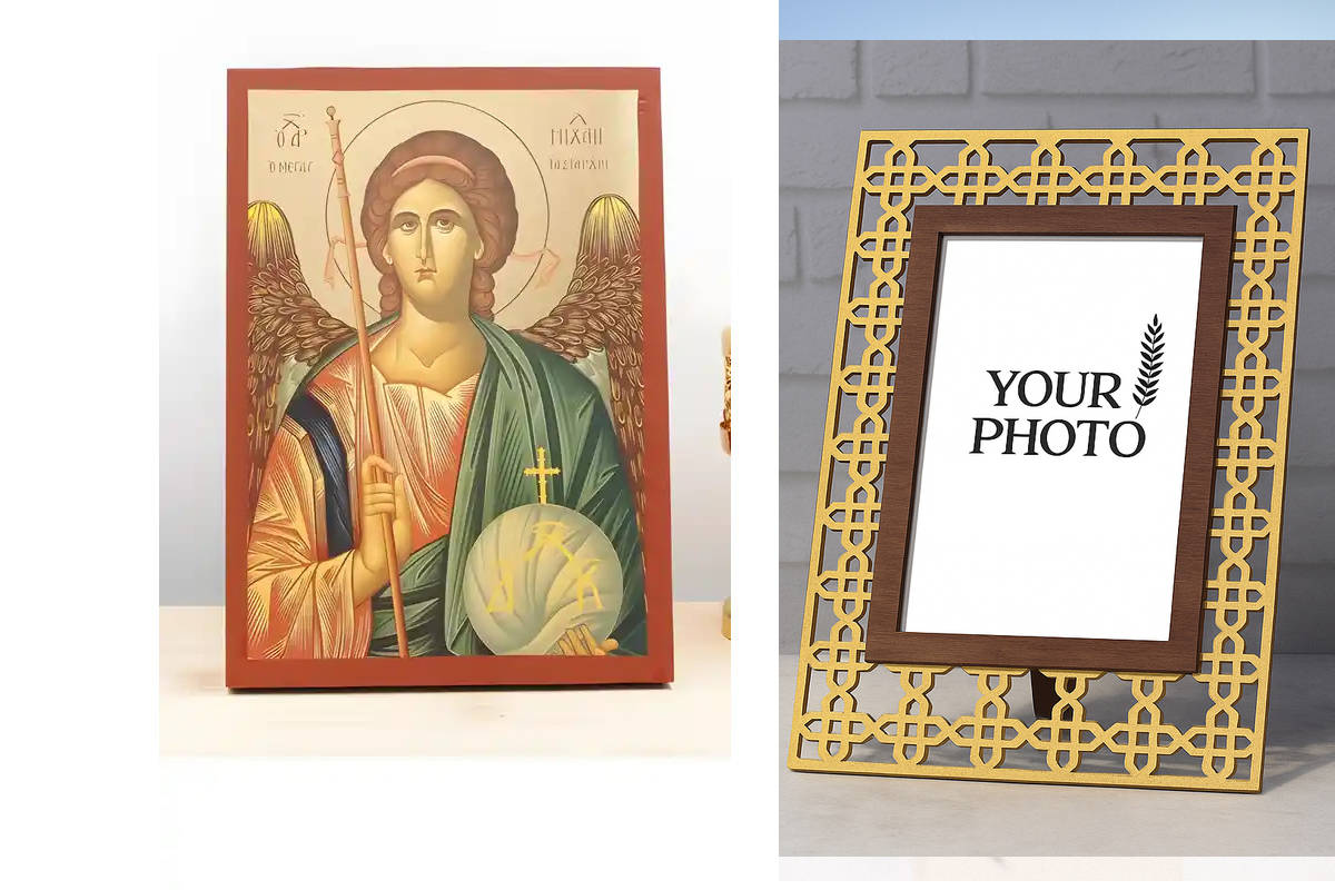 Εικόνα Ορθοδοξίας Πολυτελείας  με  σχεδιο Σταυρούς μαζι με  Βάση σε  8 χρώματα με περίγραμμα χρυσό σε ξύλο Plywood (Πλακάζ)   με  βάση Αρχάγγελος Μιχαήλ "Μέγας Ταξιάρξης", Ξύλινη Χειροποίητη Εικόνα με χρυσό φύλλο Ελληνικής Βυζαντινής τεχνοτροπίας Κρεμασμέ