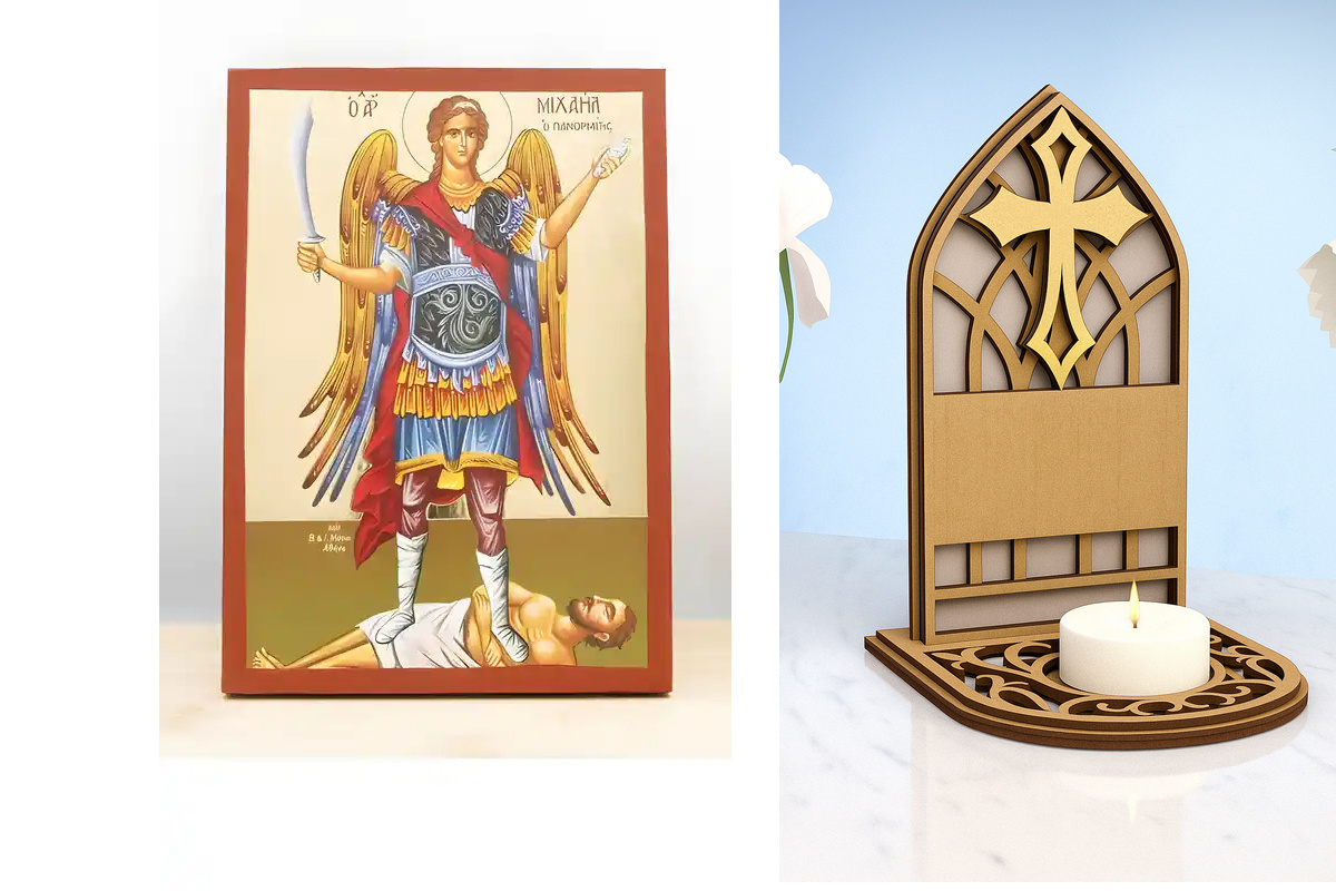 Σετ 2 τεμαχίων – Εικόνα Ορθοδοξίας Καντηλάκι σε  8 χρώματα με περίγραμμα χρυσό σε ξύλο Plywood (Πλακάζ)   με  βάση Αρχάγγελος Μιχαήλ Πανορμίτης του Syme Fullbody, Ξύλινη Χειροποίητη Εικόνα με χρυσό φύλλο Ελληνικής Βυζαντινής τεχνοτροπίας Κρεμαστή σε ξύλιν