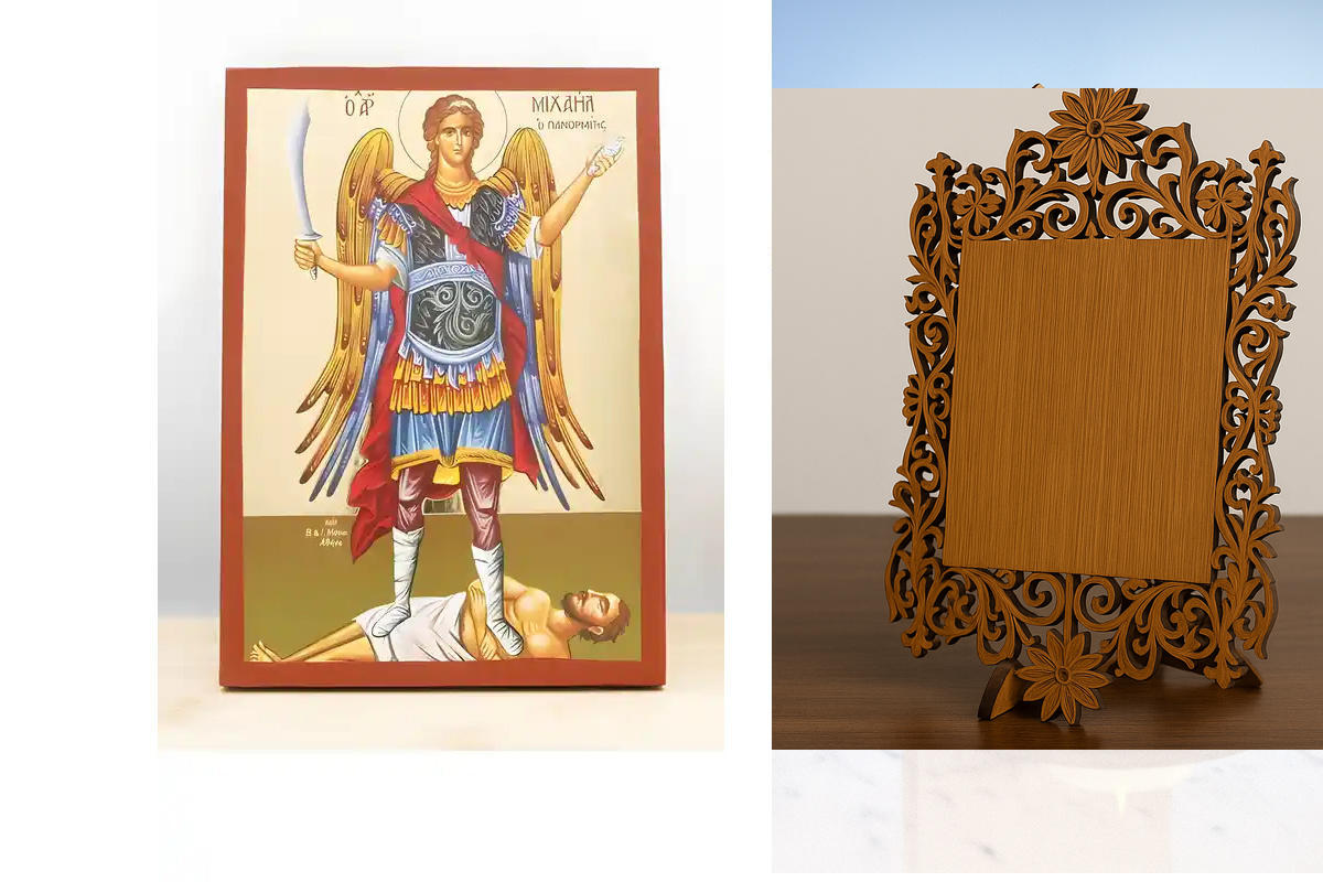 Εικόνα Ορθοδοξίας Δαντέλα μαζι με  Βάση σε  8 χρώματα με περίγραμμα χρυσό σε ξύλο Plywood (Πλακάζ)   με  βάση Αρχάγγελος Μιχαήλ Πανορμίτης του Syme Fullbody, Ξύλινη Χειροποίητη Εικόνα με χρυσό φύλλο Ελληνικής Βυζαντινής τεχνοτροπίας Κρεμαστή σε ξύλινη πλά