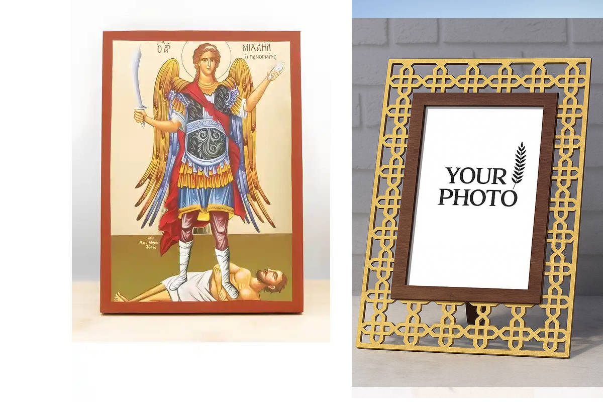 Εικόνα Ορθοδοξίας Πολυτελείας  με  σχεδιο Σταυρούς μαζι με  Βάση σε  8 χρώματα με περίγραμμα χρυσό σε ξύλο Plywood (Πλακάζ)   με  βάση Αρχάγγελος Μιχαήλ Πανορμίτης του Syme Fullbody, Ξύλινη Χειροποίητη Εικόνα με χρυσό φύλλο Ελληνικής Βυζαντινής τεχνοτροπί