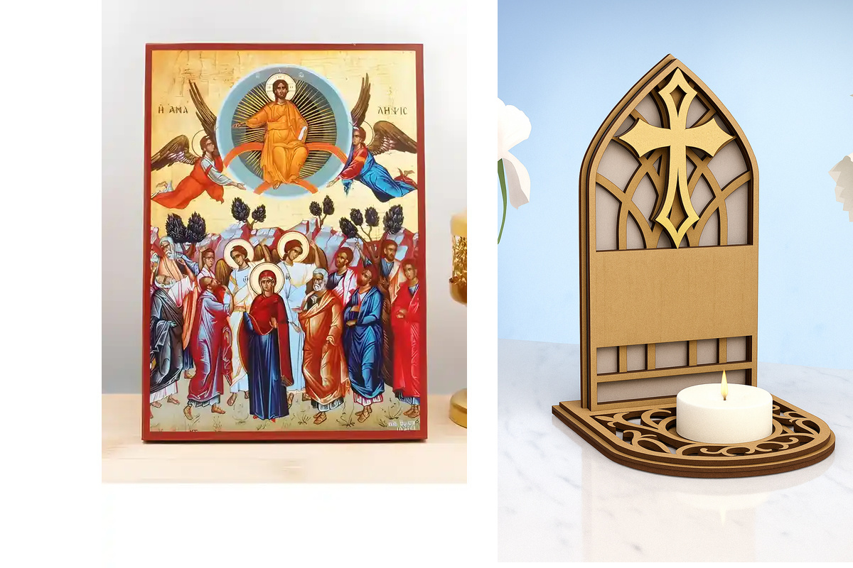 Εικόνα Ορθοδοξίας Καντηλάκι σε  8 χρώματα με περίγραμμα χρυσό σε ξύλο Plywood (Πλακάζ)   με  βάση Η Ανάληψη του Ιησού Χριστού στον Ουρανό, Ξύλινη Χειροποίητη Εικόνα Ελληνικού Premium Βυζαντινού Στυλ Κρεμασμένο σε ξύλινη πλάκα Θρησκευτικό θέμα Χειροποίητη