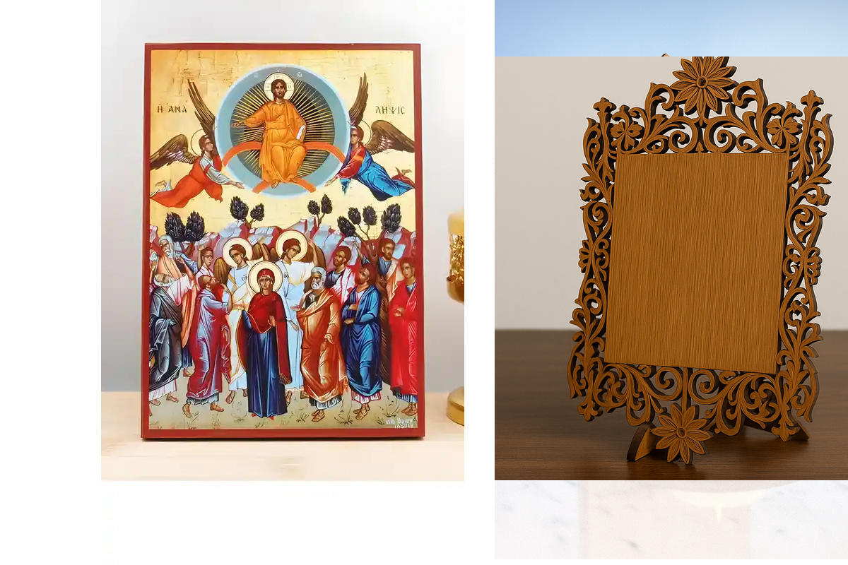 Σετ 2 τεμαχίων – Εικόνα Ορθοδοξίας Δαντέλα μαζι με  Βάση σε  8 χρώματα με περίγραμμα χρυσό σε ξύλο Plywood (Πλακάζ)   με  βάση Η Ανάληψη του Ιησού Χριστού στον Ουρανό, Ξύλινη Χειροποίητη Εικόνα Ελληνικού Premium Βυζαντινού Στυλ Κρεμασμένο σε ξύλινη πλάκα