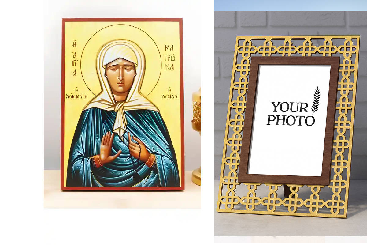 Εικόνα Ορθοδοξίας Πολυτελείας  με  σχεδιο Σταυρούς μαζι με  Βάση σε  8 χρώματα με περίγραμμα χρυσό σε ξύλο Plywood (Πλακάζ)   με  βάση Αγία Ματρώνα Νικόνοβα η Θαυματουργός της Μόσχας, Ξύλινη Χειροποίητη Εικόνα Ελληνικού Βυζαντινού Στυλ υψηλής ποιότητας πο